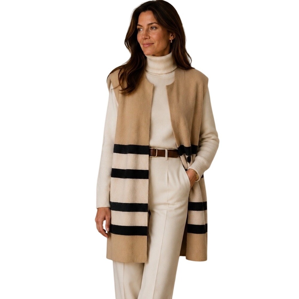 Neiman Marcus Cashmere Beige‎ Stripe Open Front  Sleeveless Long Vest Luxury L